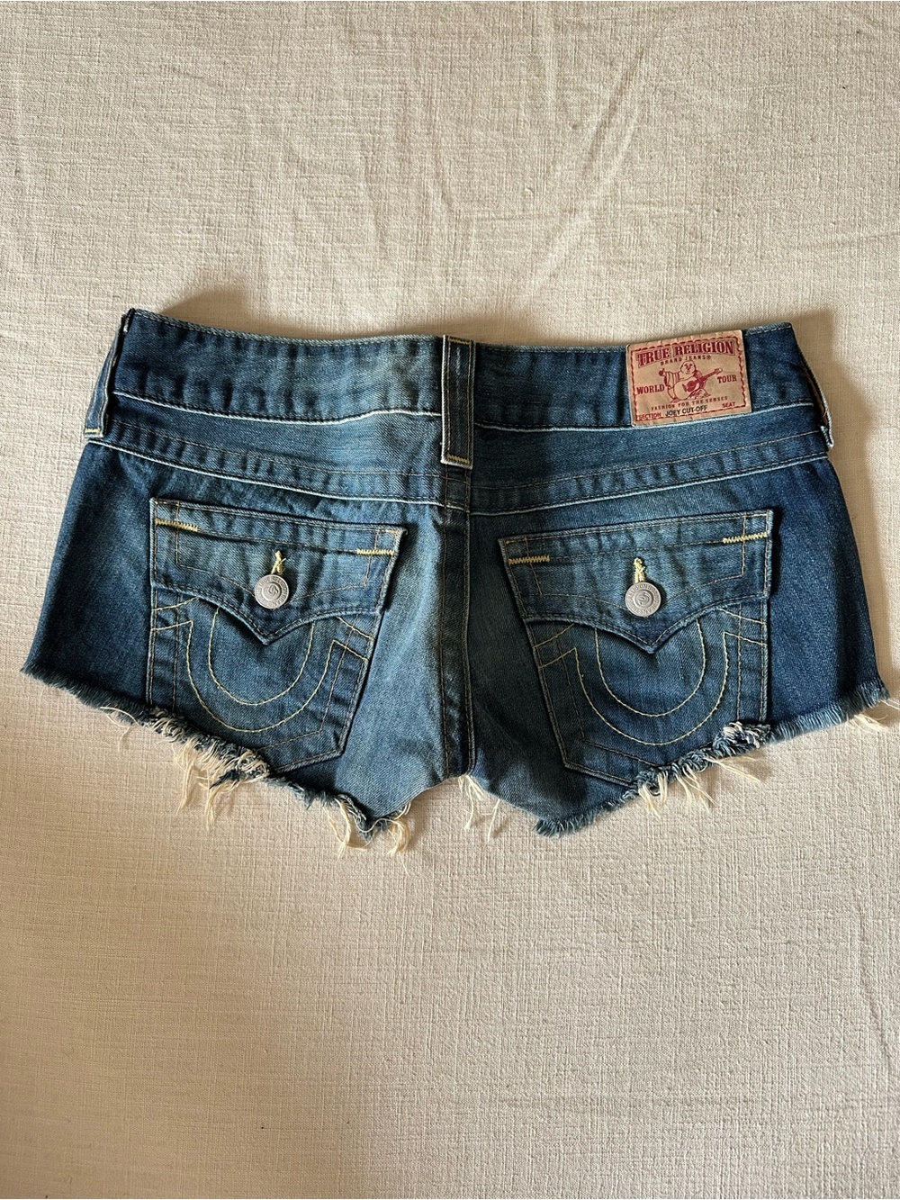 True Religion Joey Cut Off Denim Shorts Size 27 USA Low Rise Distressed